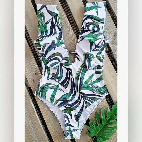 Tropical Leaf Print Kids One Piece Swimsuit - Picture 4 of 13